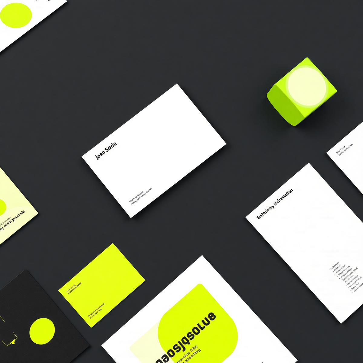 Mockup di identità visiva con biglietti da visita e dettagli verde acido su fondo nero