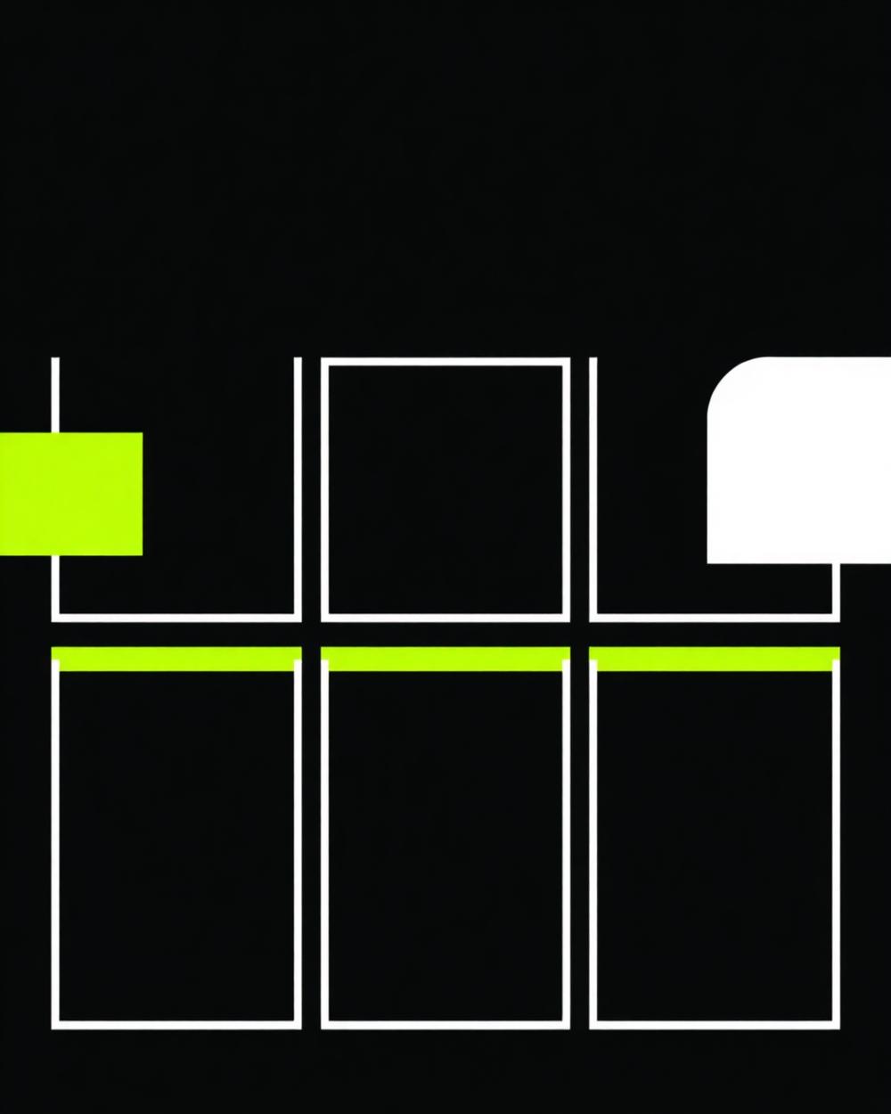 Composizione grafica minimal con blocchi verde acido su fondo nero