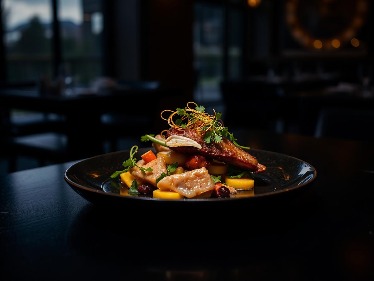 Piatto gourmet fotografato su tavolo scuro in un ristorante