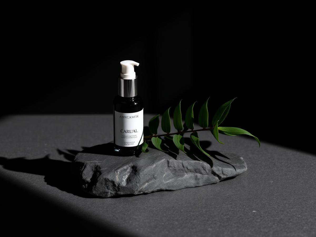 Fotografia professionale di un flacone skincare su pietra scura con foglia verde