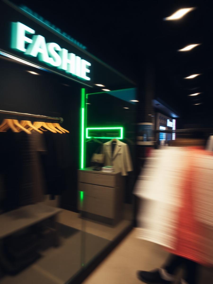Reel verticale girato all'interno di una boutique di moda con luce neon verde