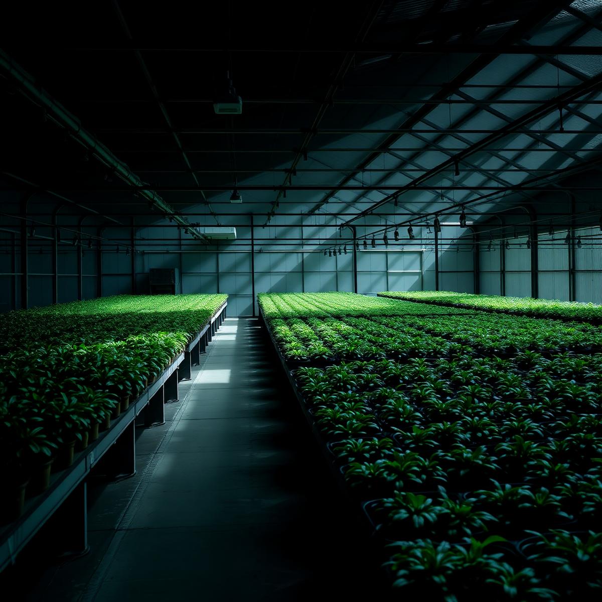 Interno di una serra con file di piante verdi illuminate da luce naturale